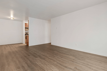 A room with a white wall and a wooden floor.